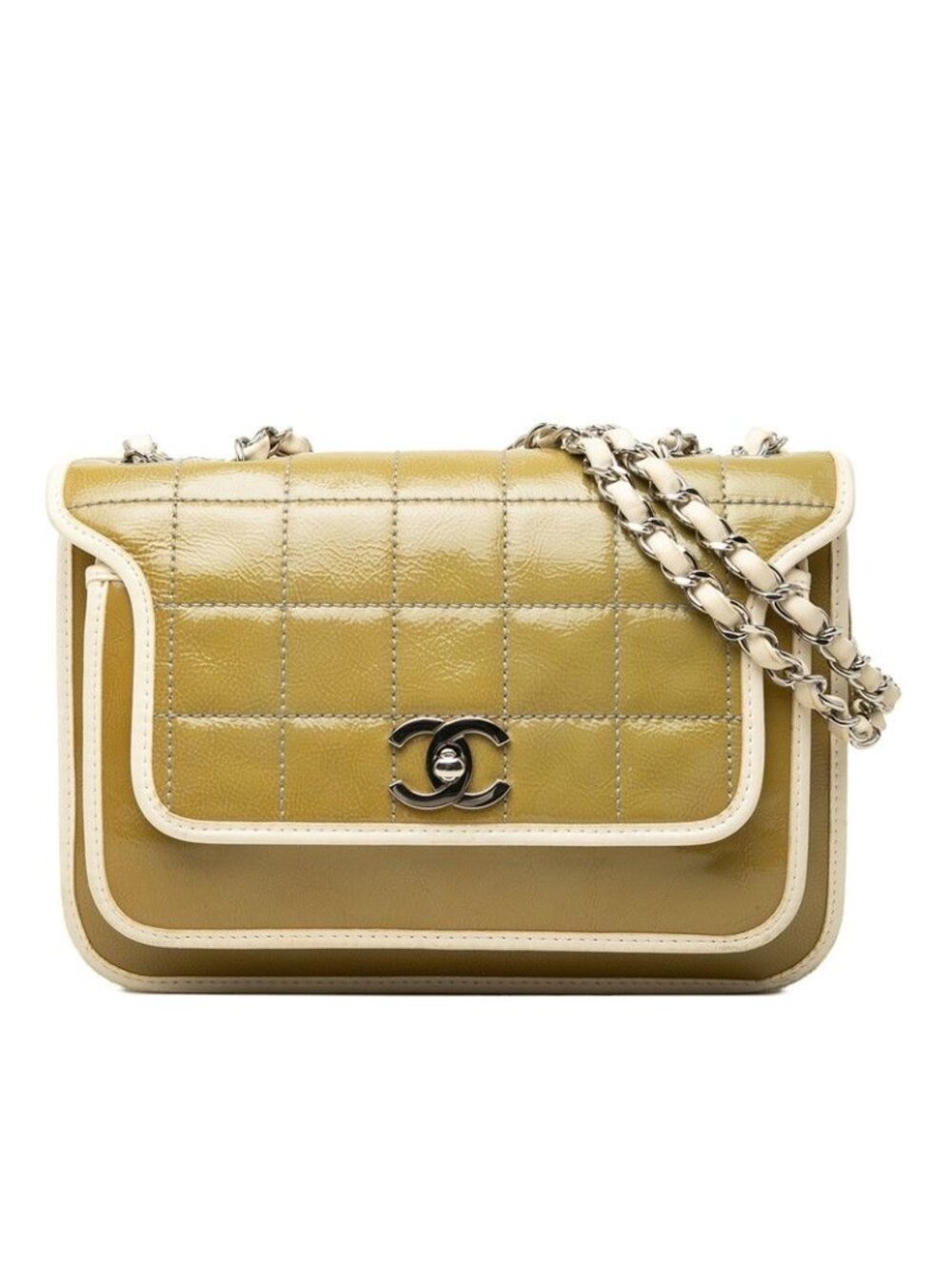 Chanel CC Logo Choco Bar Chain Shoulder Bag Green Patent Leather